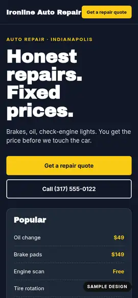 Ironline Auto Repair website on a phone