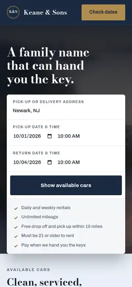 Keane & Sons website on a phone
